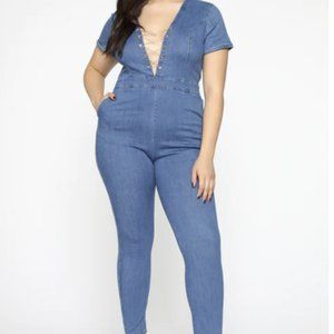 Chained To Danger Denim Jumpsuit - Medium Wash